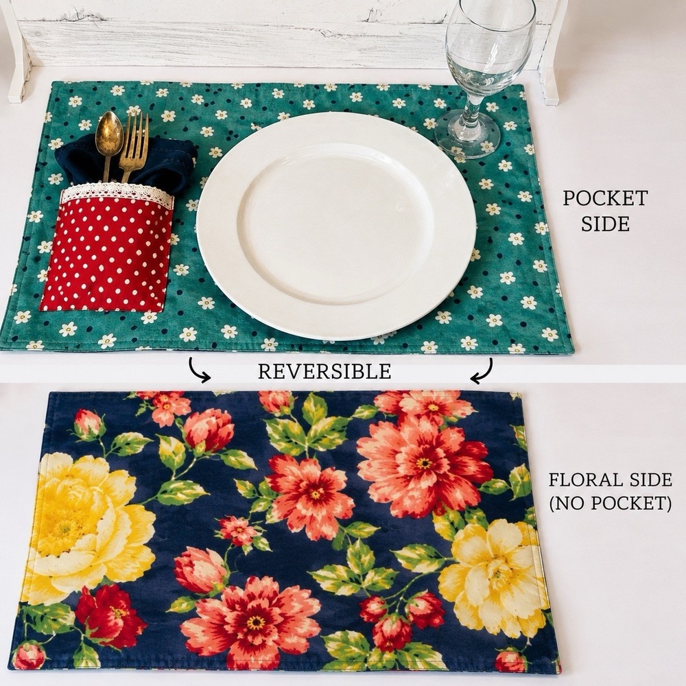 Set of 6 Reversible Placemats with Silverware Pockets + 4 Coordinating Napkins